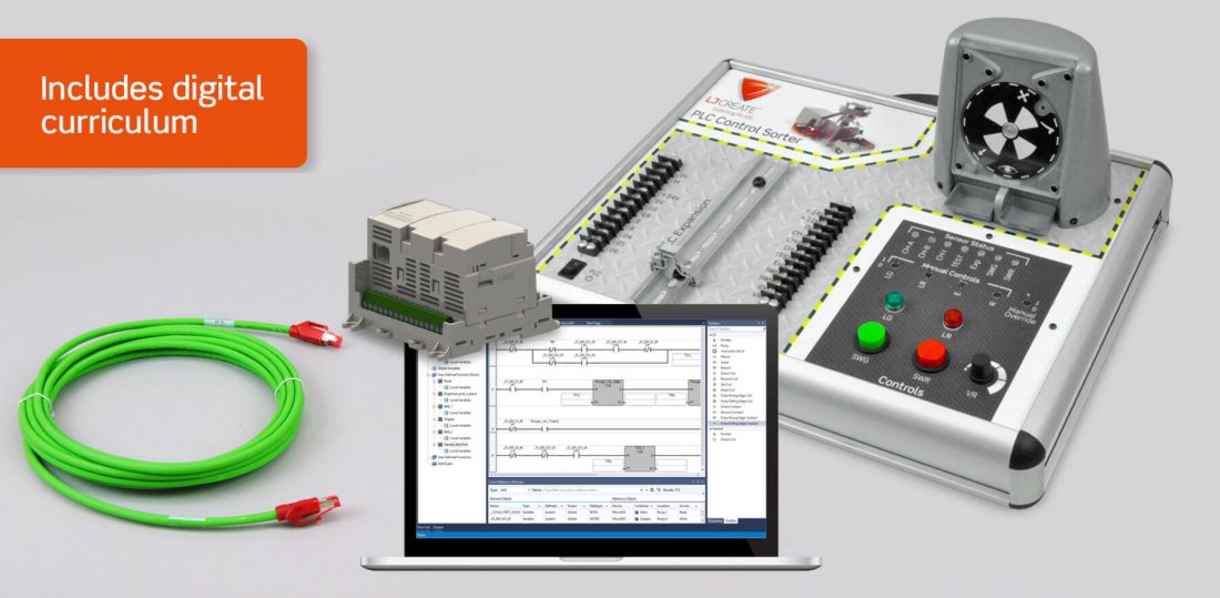 The PLCs Trainer Teaching Set (Allen Bradley) enables students to perform a range of programming tasks using aPLC and a rotating disc sorting application. 